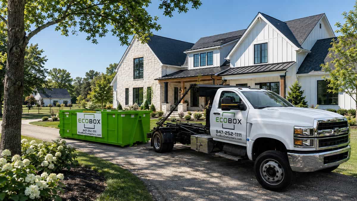 A roll-off dumpster parked on a residential driveway