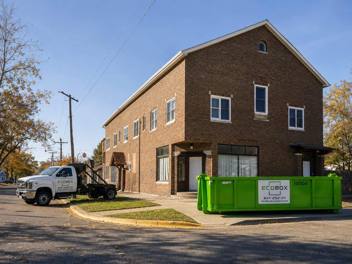 A roll-off dumpster parked on a residential driveway