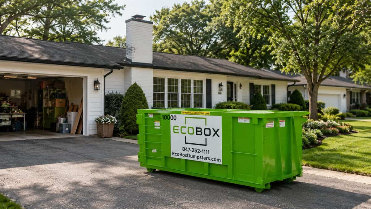 A roll-off dumpster parked on a residential driveway