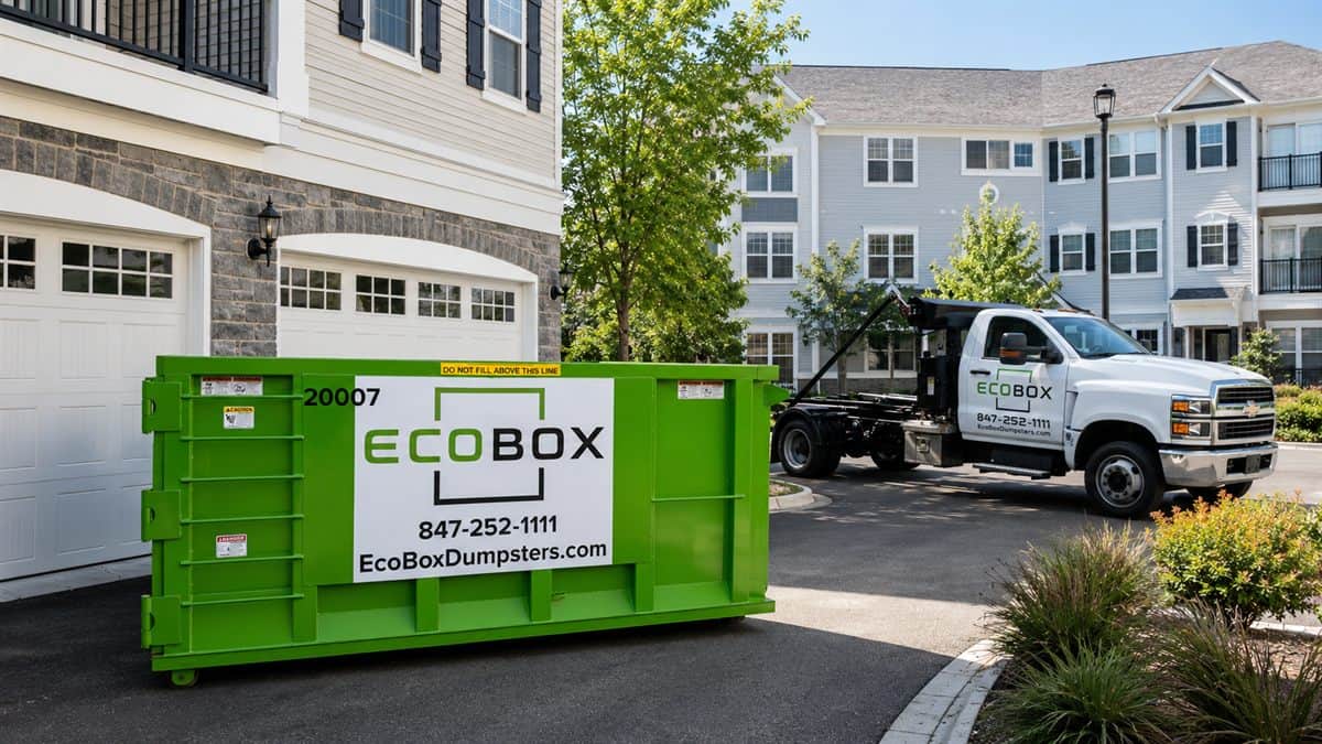 A roll-off dumpster parked on a residential driveway