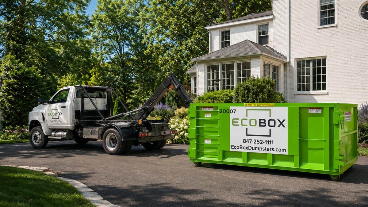 A roll-off dumpster parked on a residential driveway
