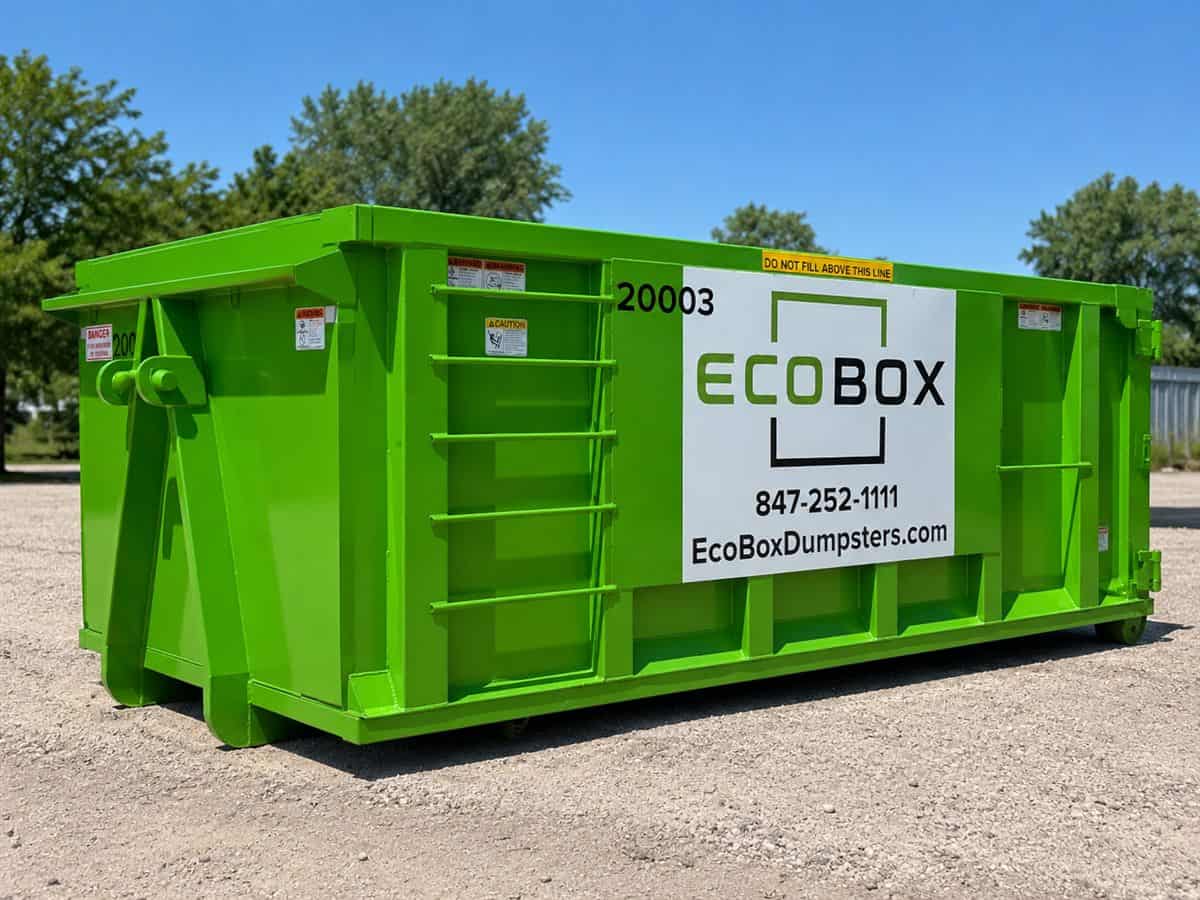 A roll-off dumpster parked on a residential driveway