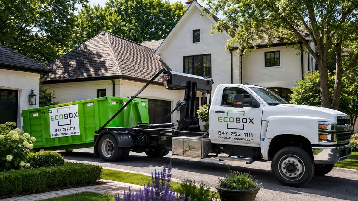 A roll-off dumpster parked on a residential driveway
