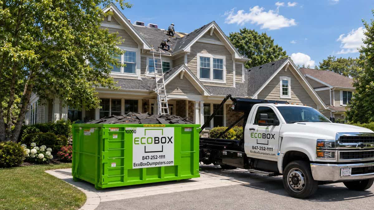 A roll-off dumpster on a residential driveway during a shingle tear-off