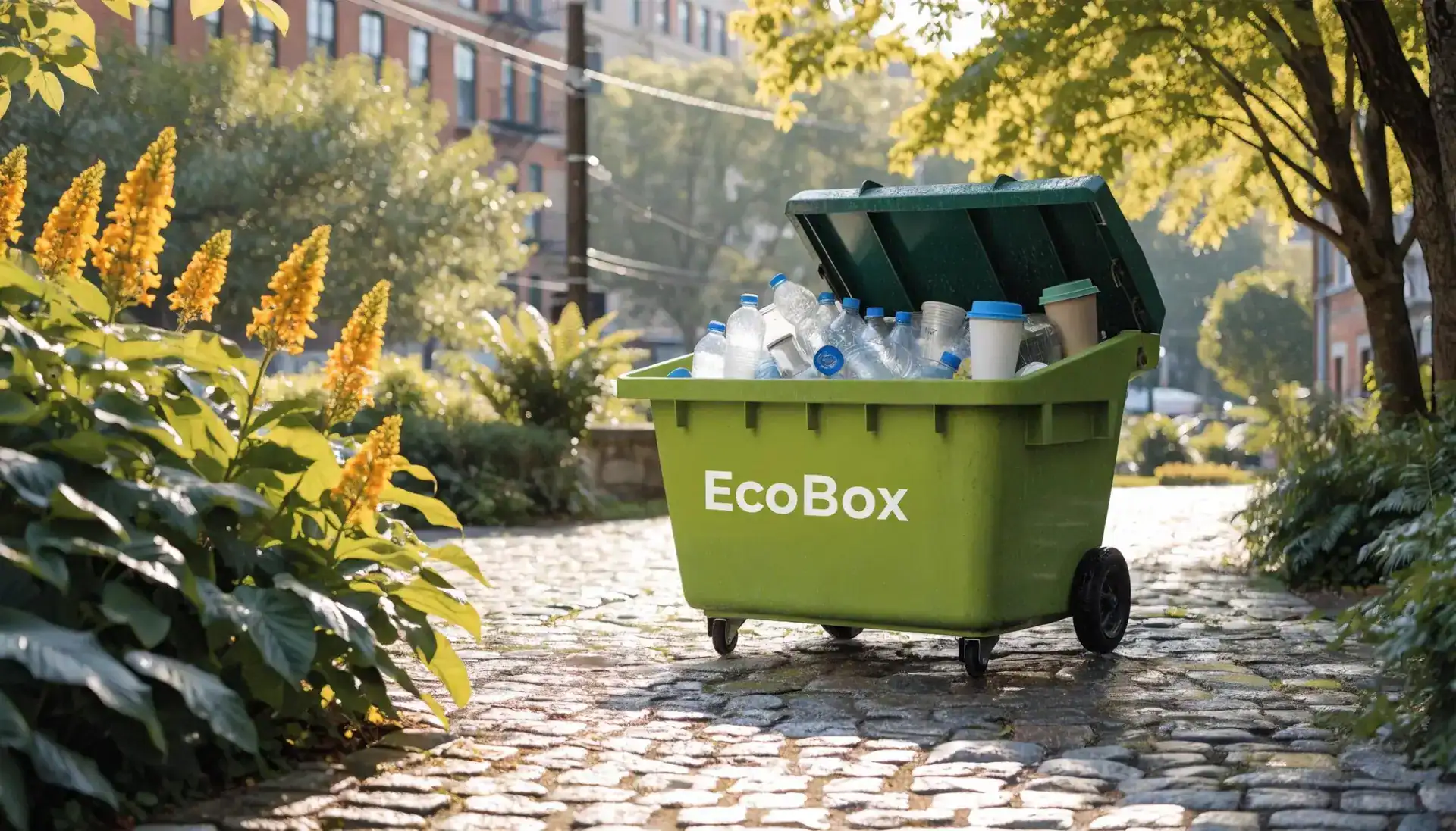 eco-friendly dumpster surrounded by lush greenery representing sustainable waste management
