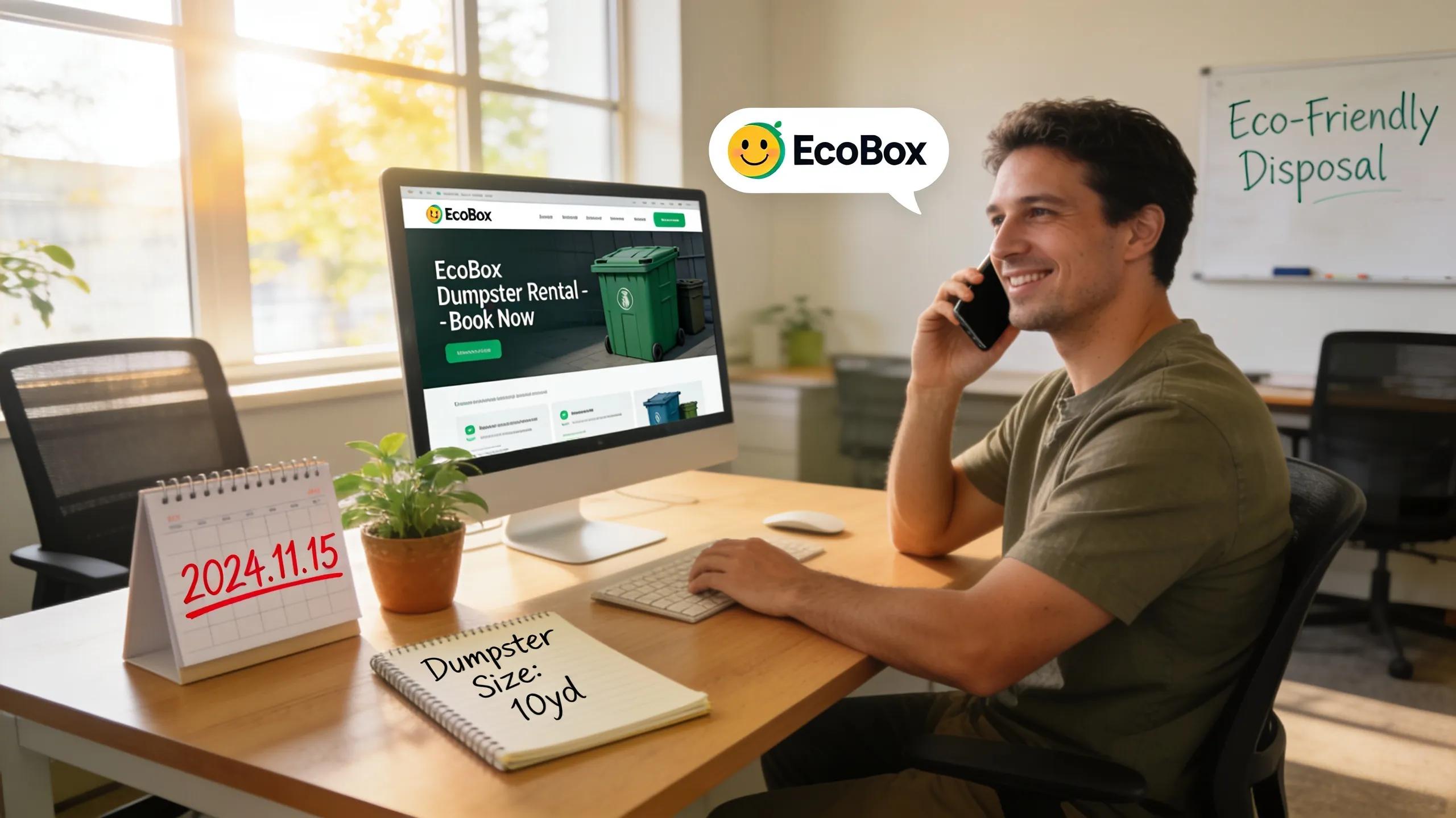 Man on phone booking EcoBox dumpster rental online, illustrating convenient service and eco-friendly disposal.