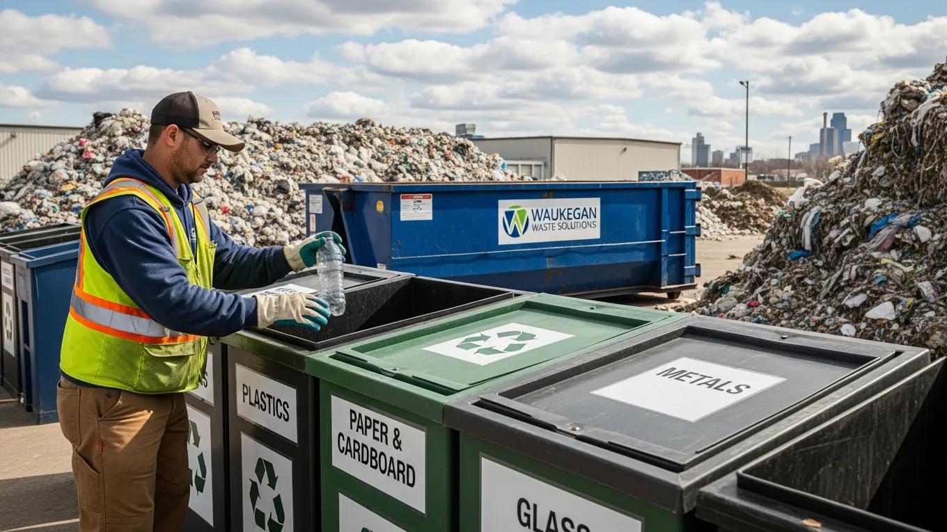 EcoBox Dumpsters employee sorting recyclable materials at a Waukegan, IL waste management facility.