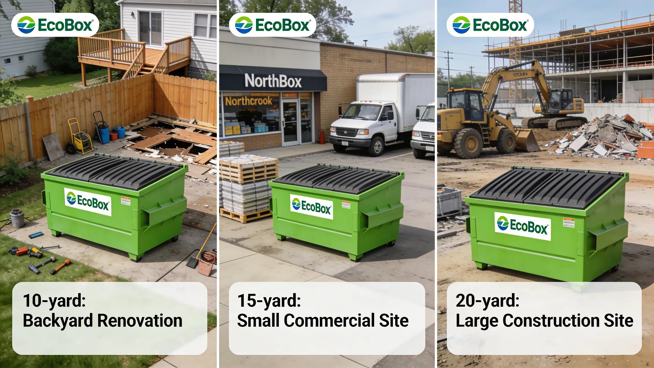 EcoBox Dumpsters: 10-yard, 15-yard, and 20-yard dumpsters for residential and commercial projects.
