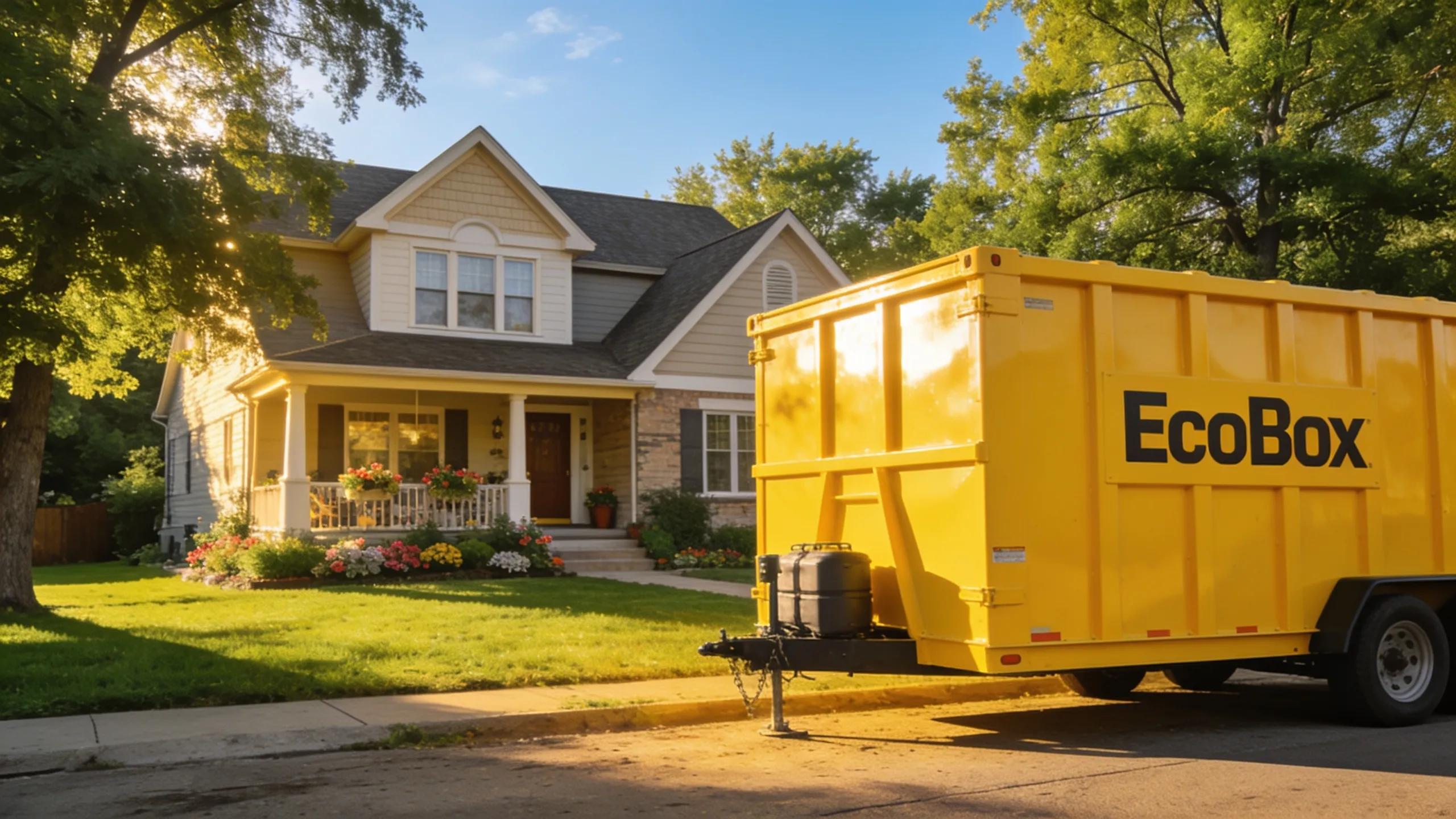 EcoBox dumpster rental in a residential driveway, safe waste disposal for homeowners.