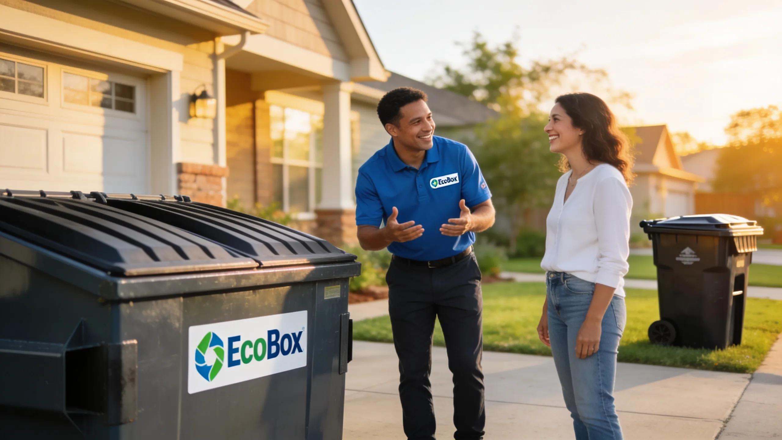 EcoBox representative assisting a Niles homeowner with dumpster rental options