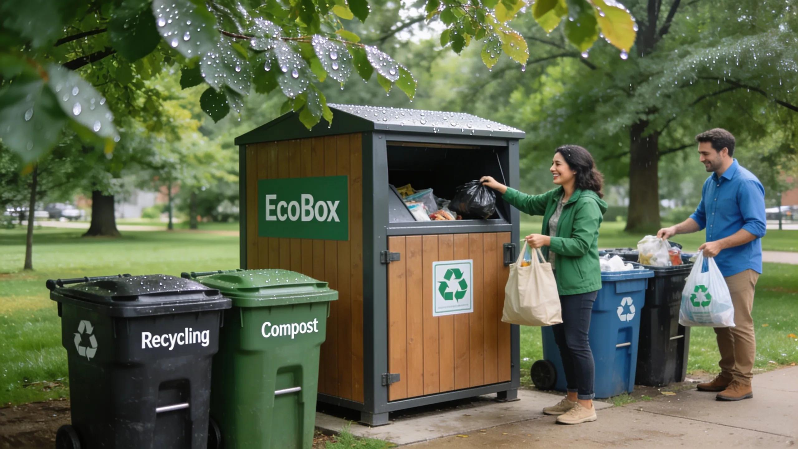 EcoBox dumpster promoting eco-friendly waste solutions in a green area of Evanston, IL