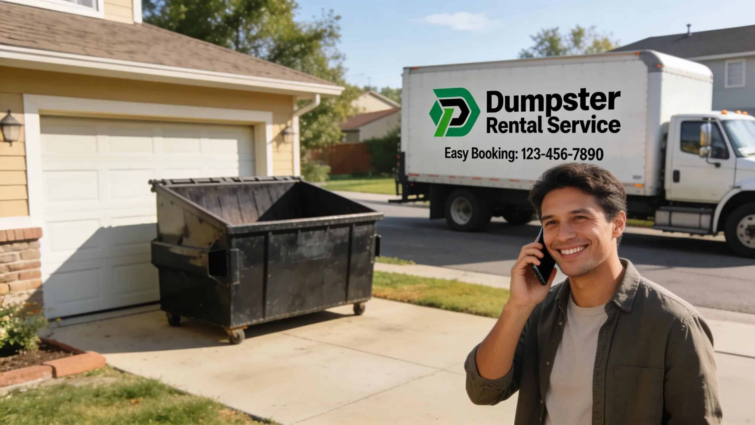A person booking a dumpster rental over the phone, highlighting the user-friendly rental process
