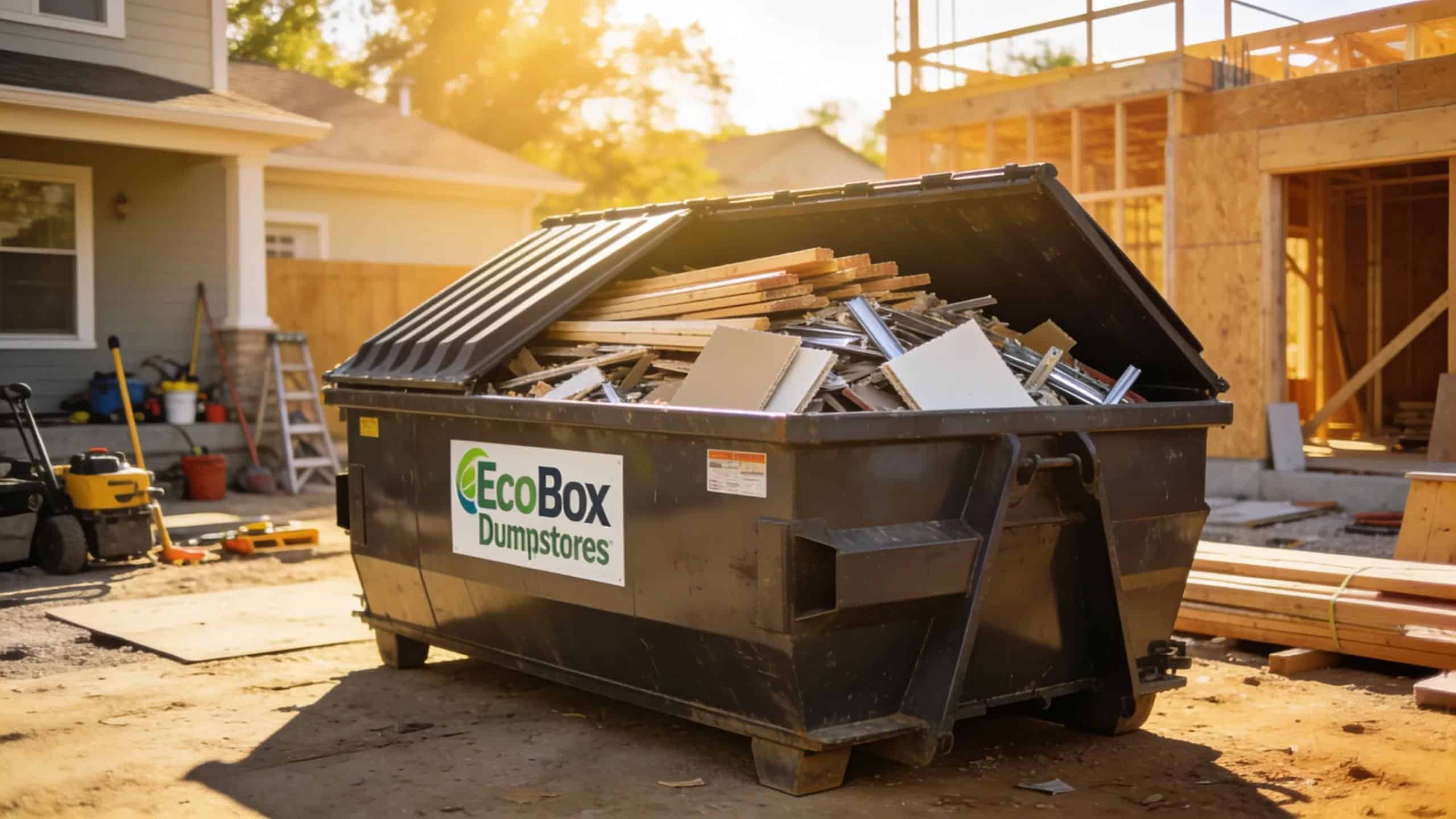 Roll-off dumpster at a construction site representing affordable dumpster rental services
