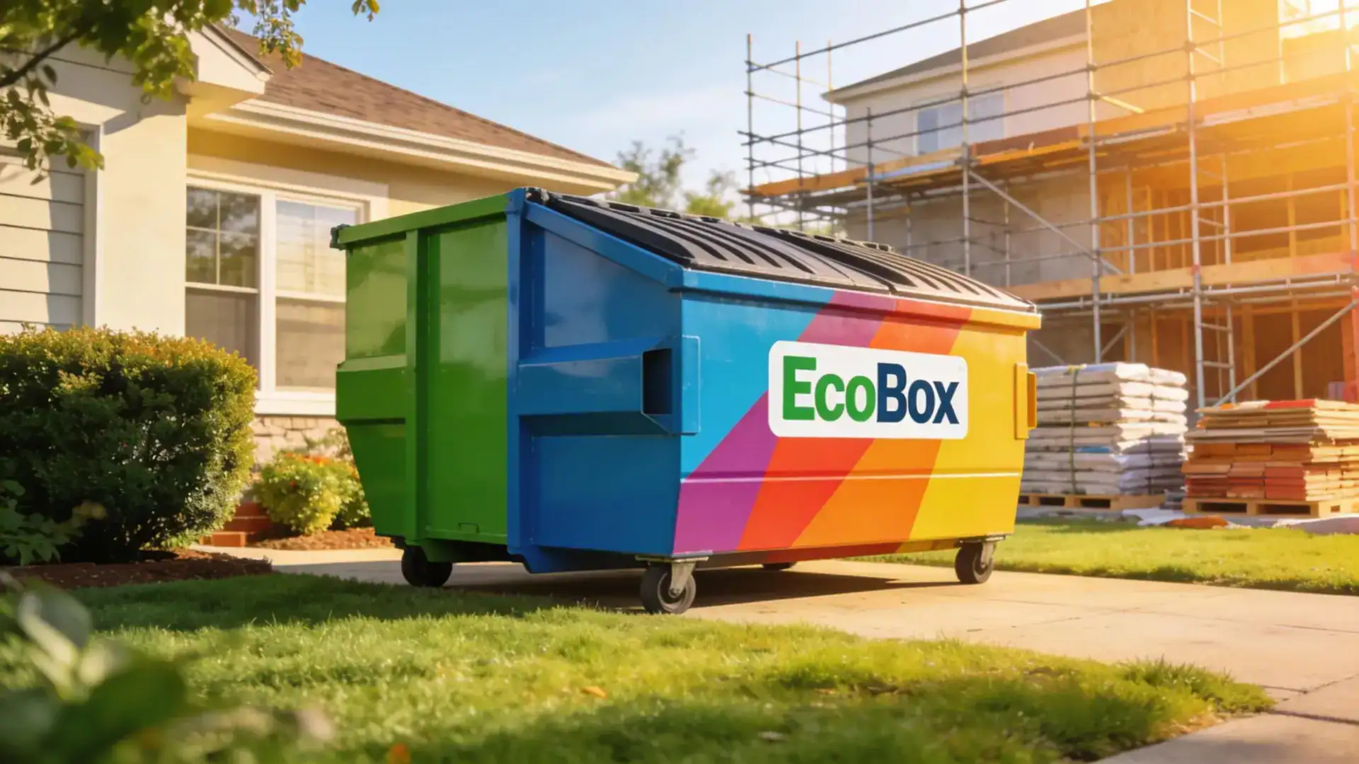 Colorful roll-off dumpster on a residential site showcasing EcoBox branding for efficient waste disposal