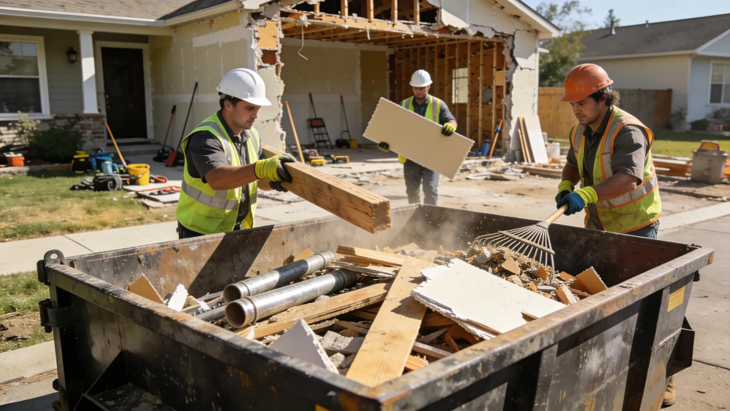 Construction workers loading a dumpster during a home renovation, highlighting the importance of dumpster rental.