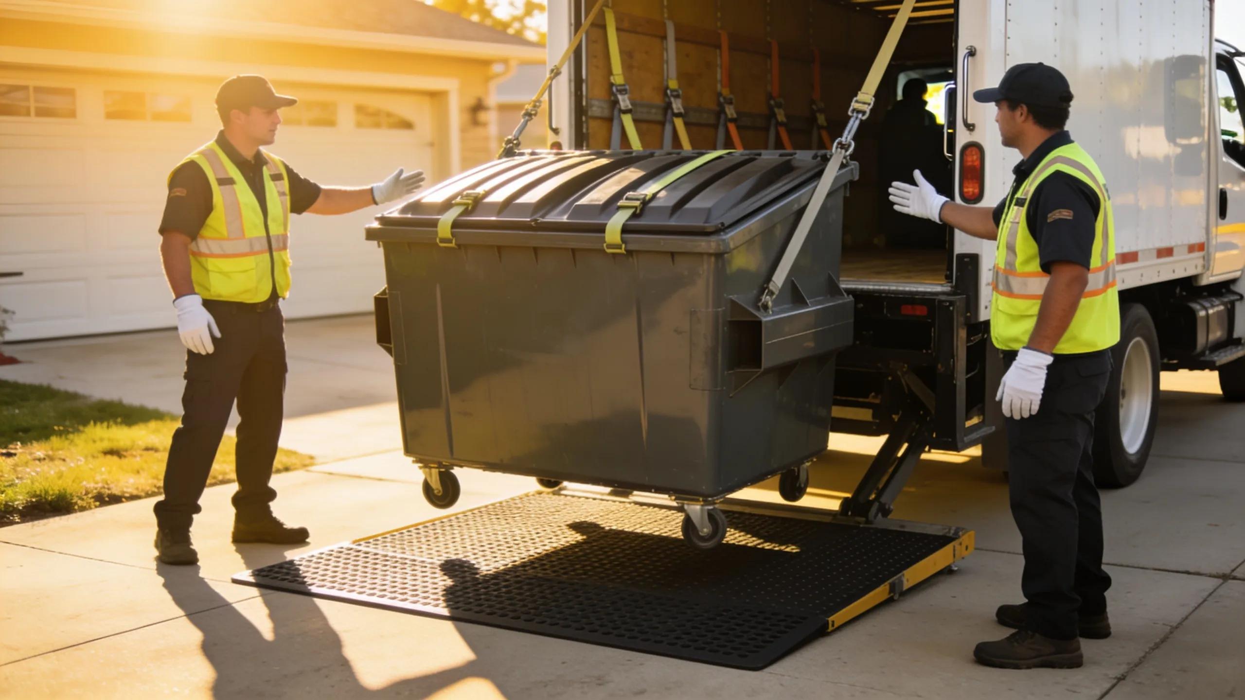 Image of a driveway-safe dumpster being delivered with protective matting, emphasizing safe placement techniques.