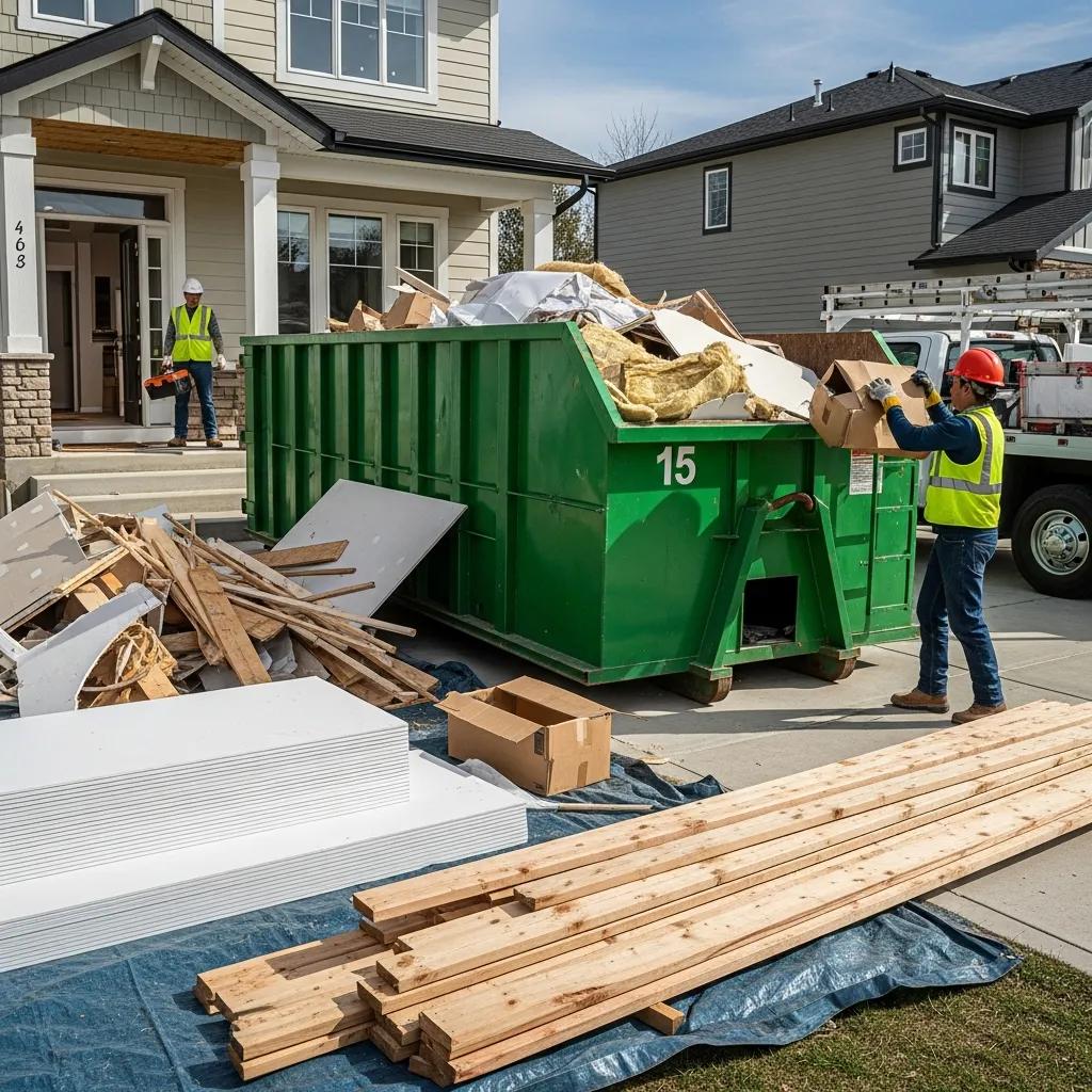 Home renovation scene with a 15-yard dumpster, illustrating the connection between project types and dumpster sizes