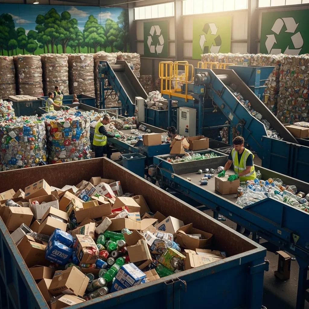 Recycling center with sorted materials and a roll-off dumpster filled with recyclables, highlighting eco-friendly waste disposal practices