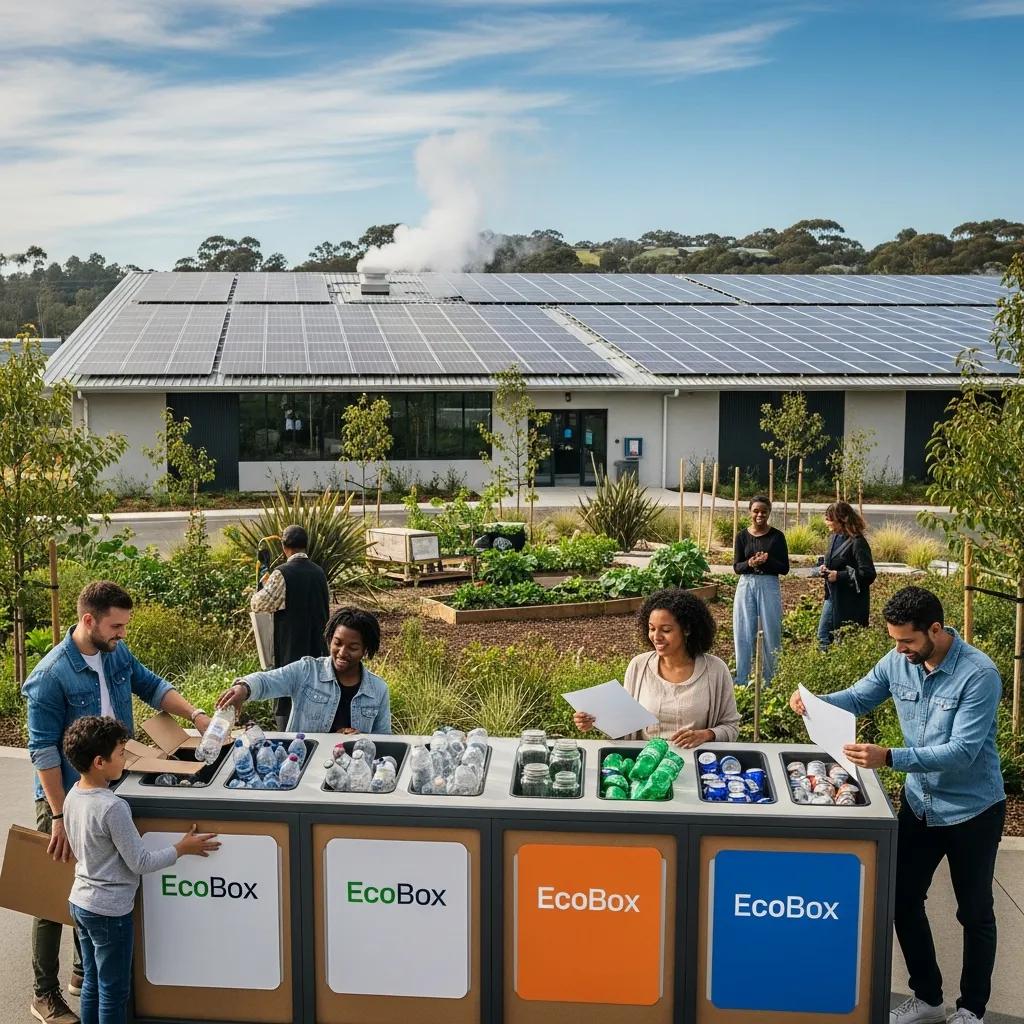 Recycling station with sorted materials and a solar-powered facility in the background, highlighting EcoBox's environmental practices