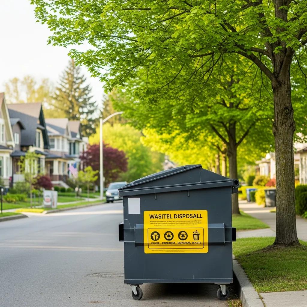 Residential dumpster placement with waste disposal guidelines in a neighborhood
