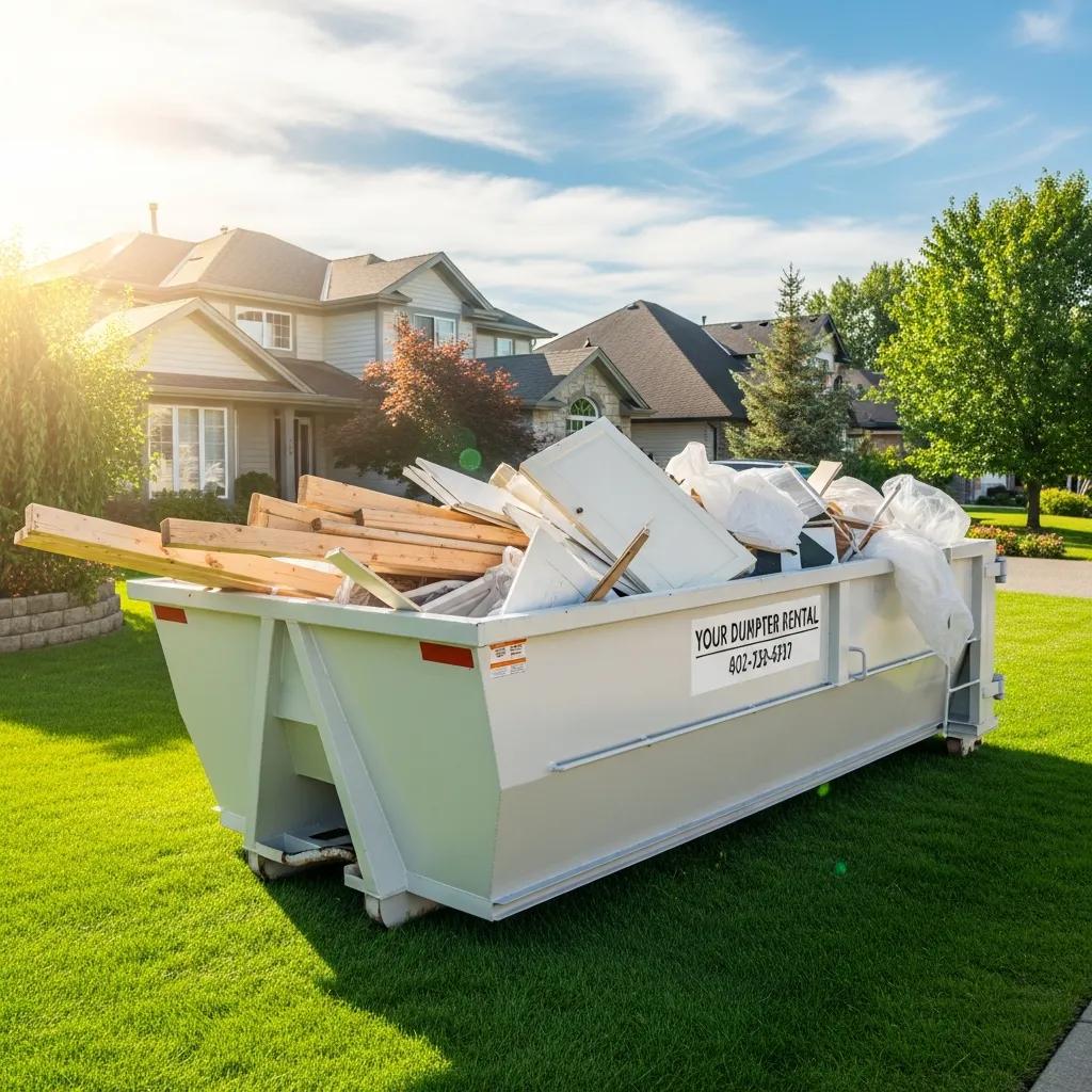 Residential dumpster rental in a suburban yard filled with renovation debris