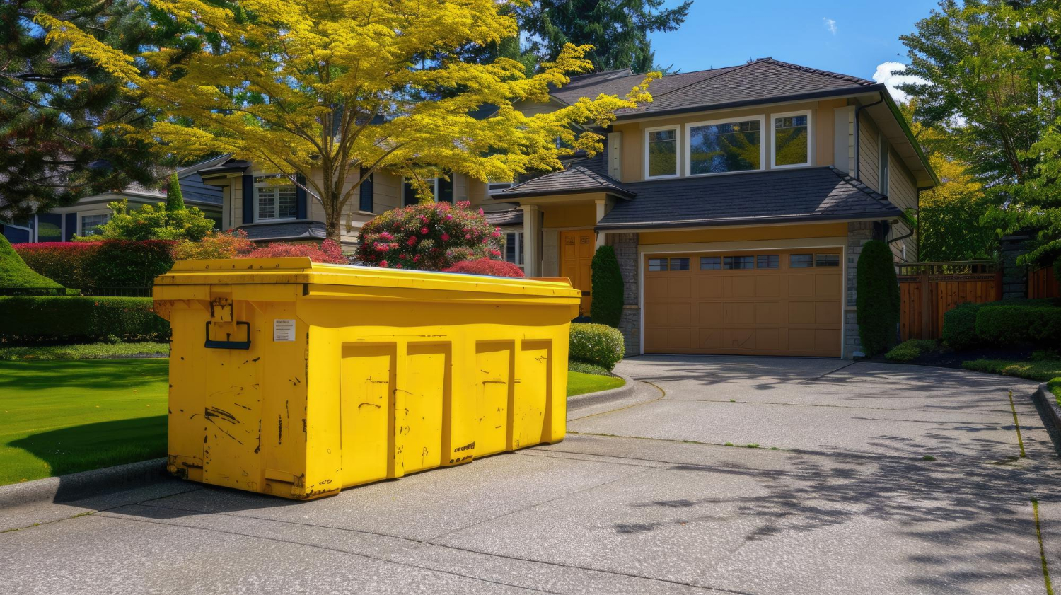 Residential dumpster rental in front of a house, emphasizing waste management for home renovations and cleanouts.