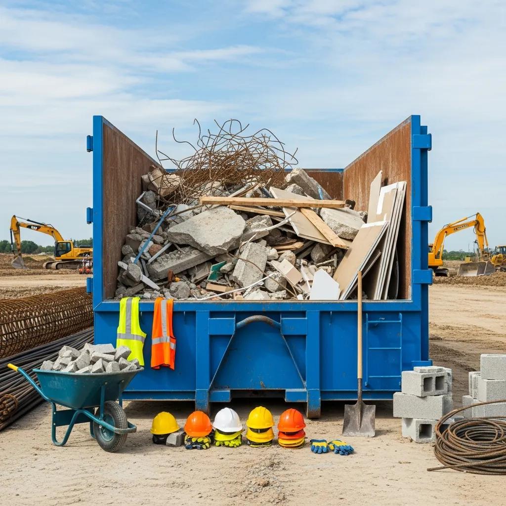 Roll-off dumpster at a construction site filled with debris, emphasizing waste management solutions