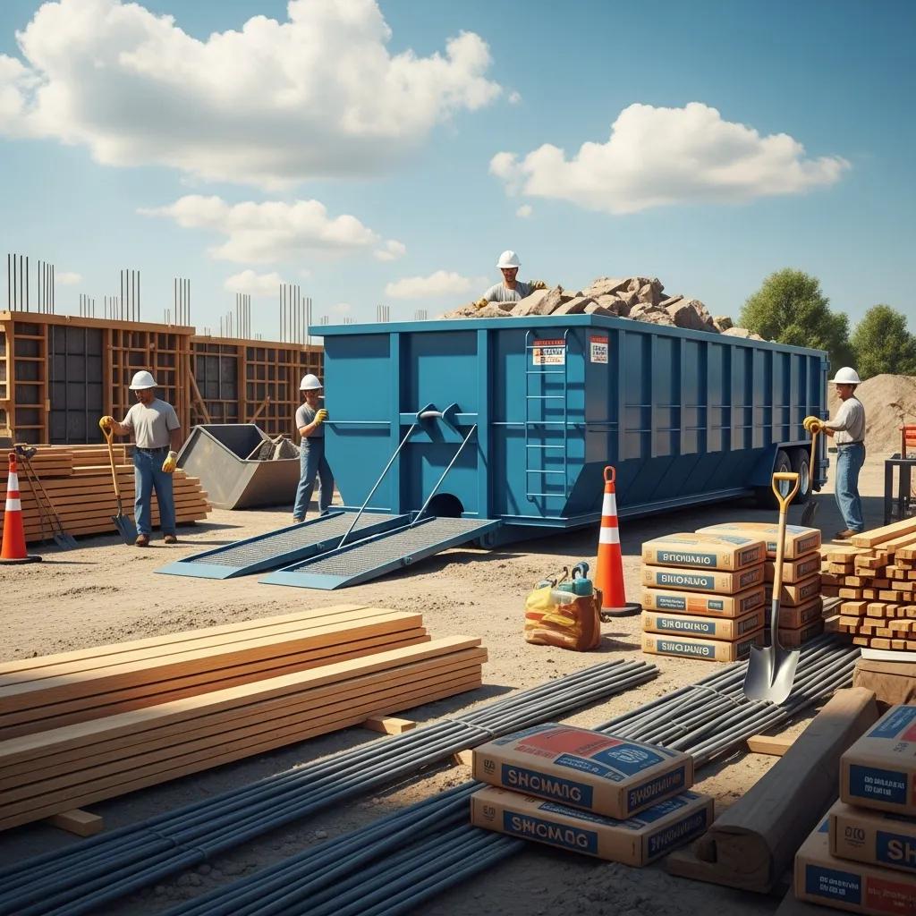 Roll-off dumpster at a construction site with workers managing waste