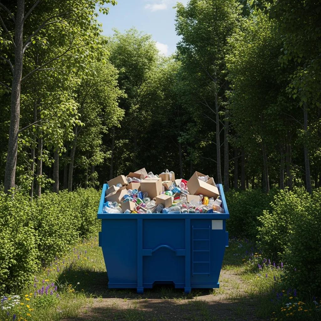 Roll-off dumpster filled with recyclables in a green environment, highlighting eco-friendly waste disposal