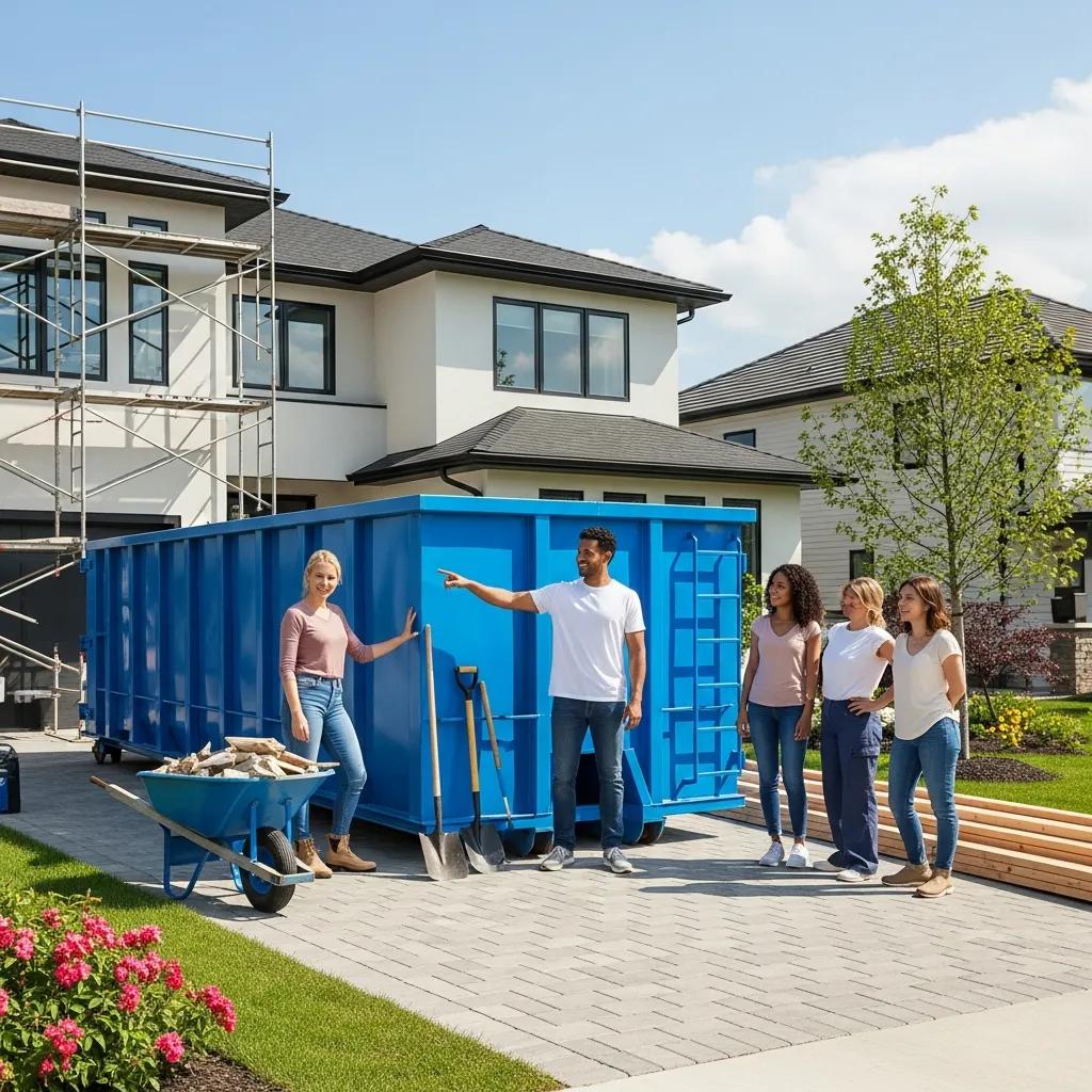 Roll-off dumpster in a residential area during a home renovation project