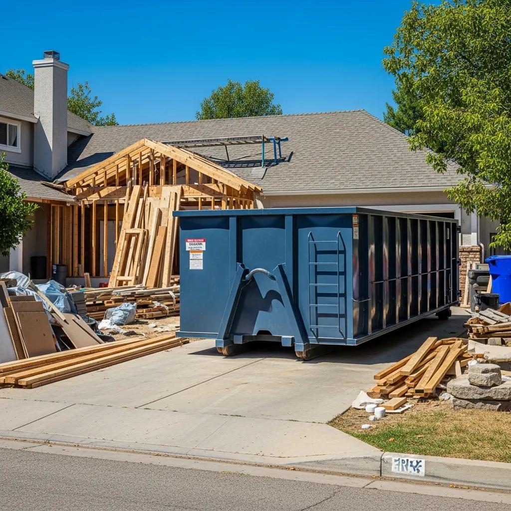 Roll-off dumpster in a residential area during a home renovation project