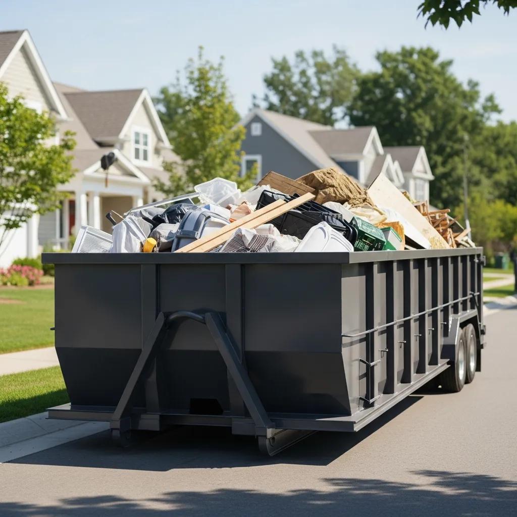 Roll-off dumpster in a residential area filled with construction debris and household waste
