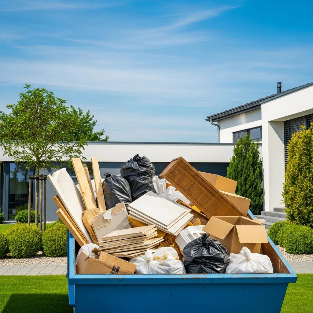 Roll-off dumpster in a residential area filled with construction debris and household waste, representing affordable rental services