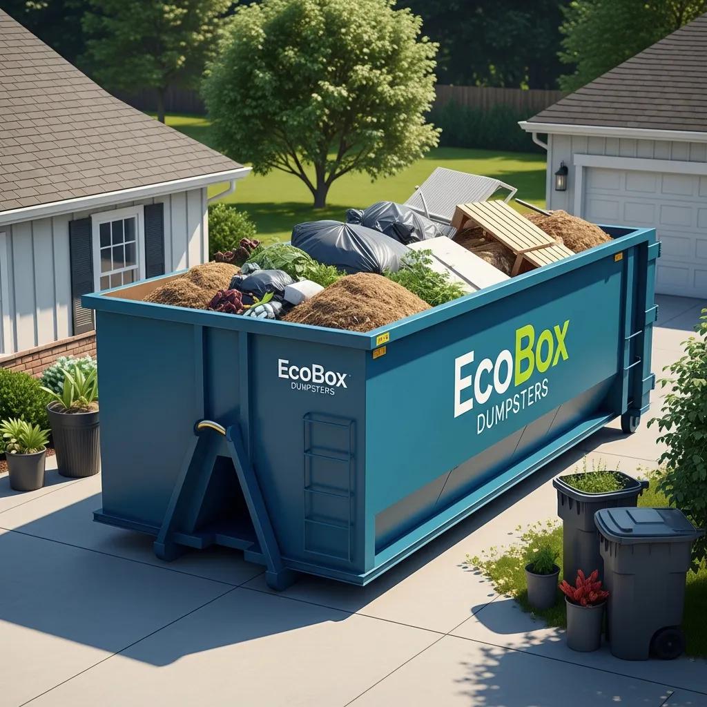 Roll-off dumpster in a residential area filled with construction debris and yard waste, highlighting EcoBox Dumpsters' services