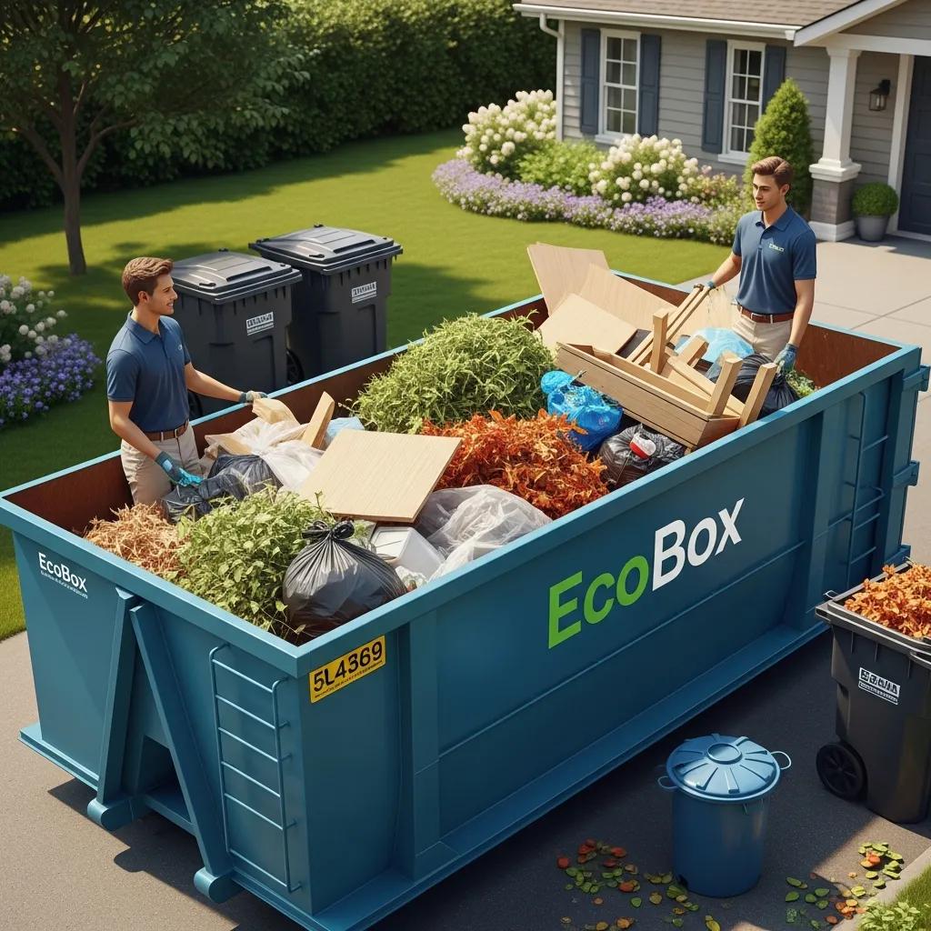Roll-off dumpster in a residential area filled with construction debris and yard waste, promoting eco-friendly waste management