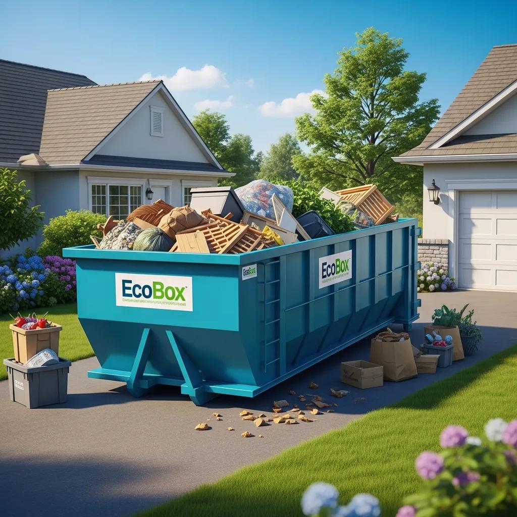 Roll-off dumpster in a residential area filled with construction debris and yard waste, representing effective waste management