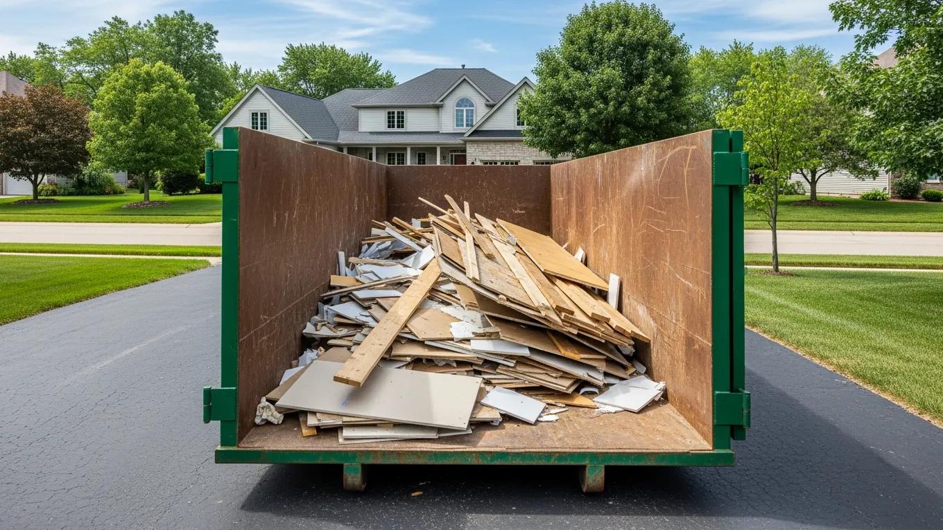 Roll-off dumpster in Waukegan, IL filled with construction debris and waste for residential projects.