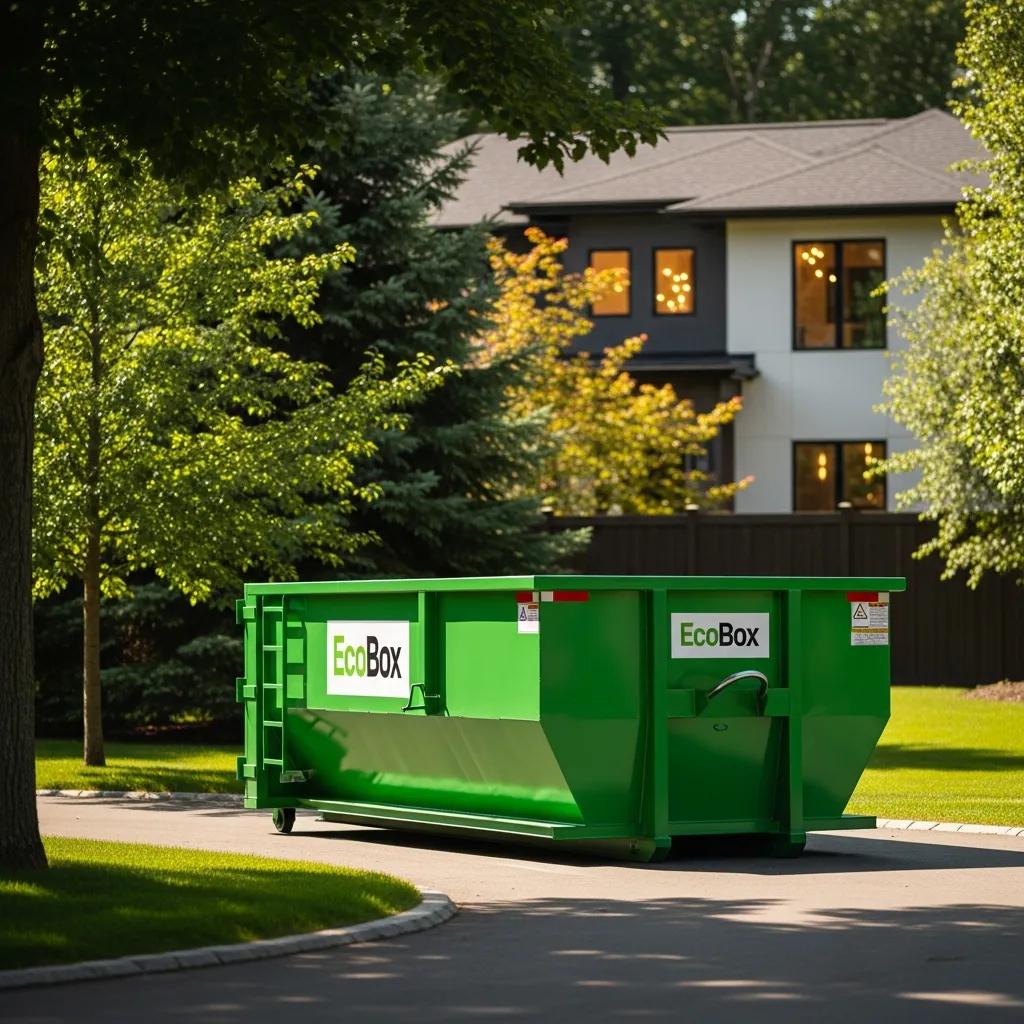 Roll-off dumpster in a residential area, representing eco-friendly waste management solutions