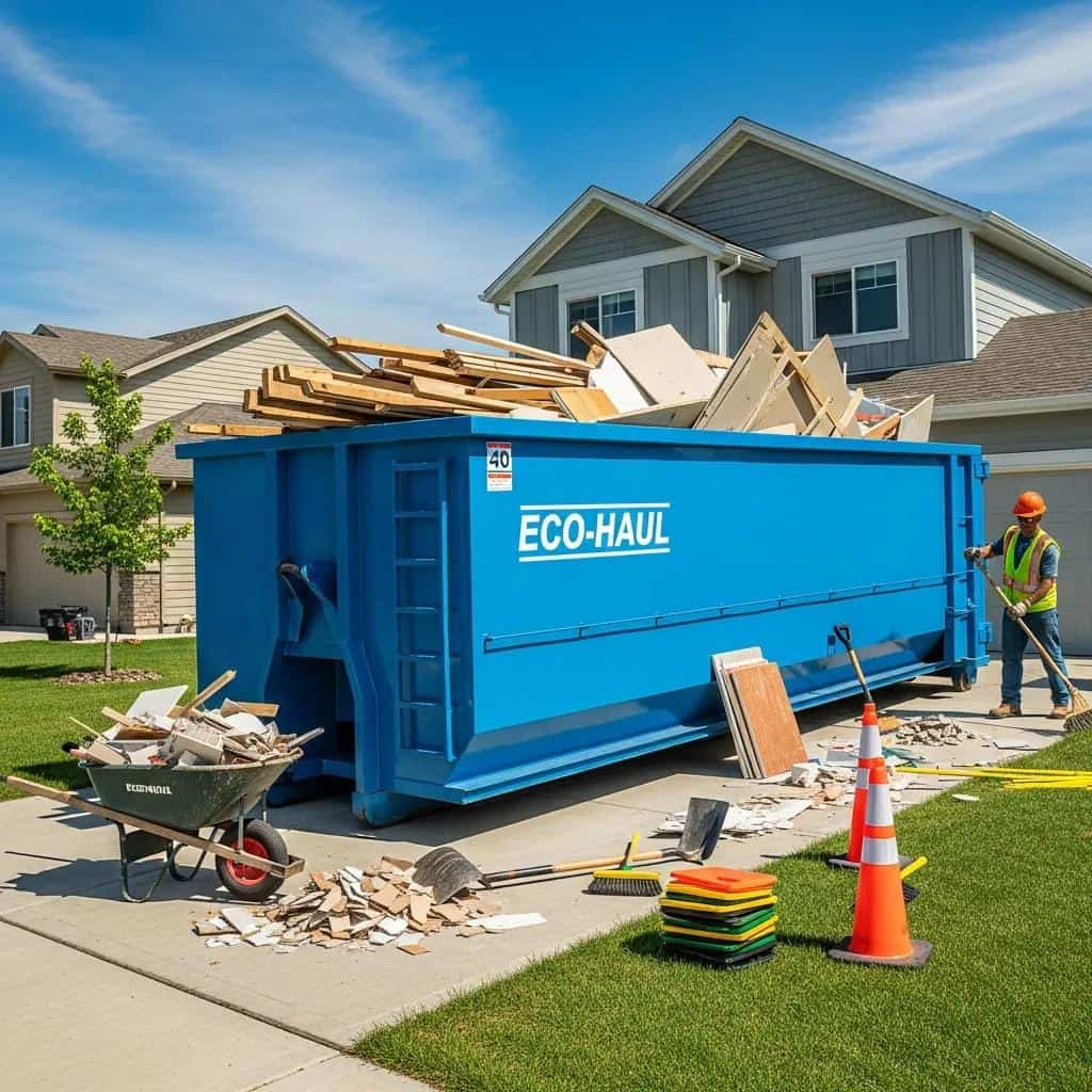 Blue Eco-Haul dumpster filled with construction debris in a suburban neighborhood.