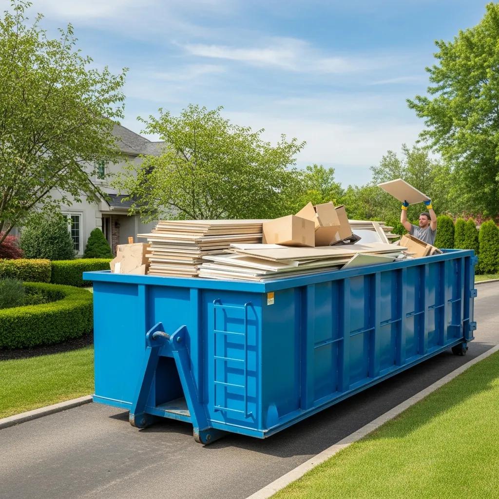 Roll-off dumpster in a residential area with construction debris, representing waste management solutions