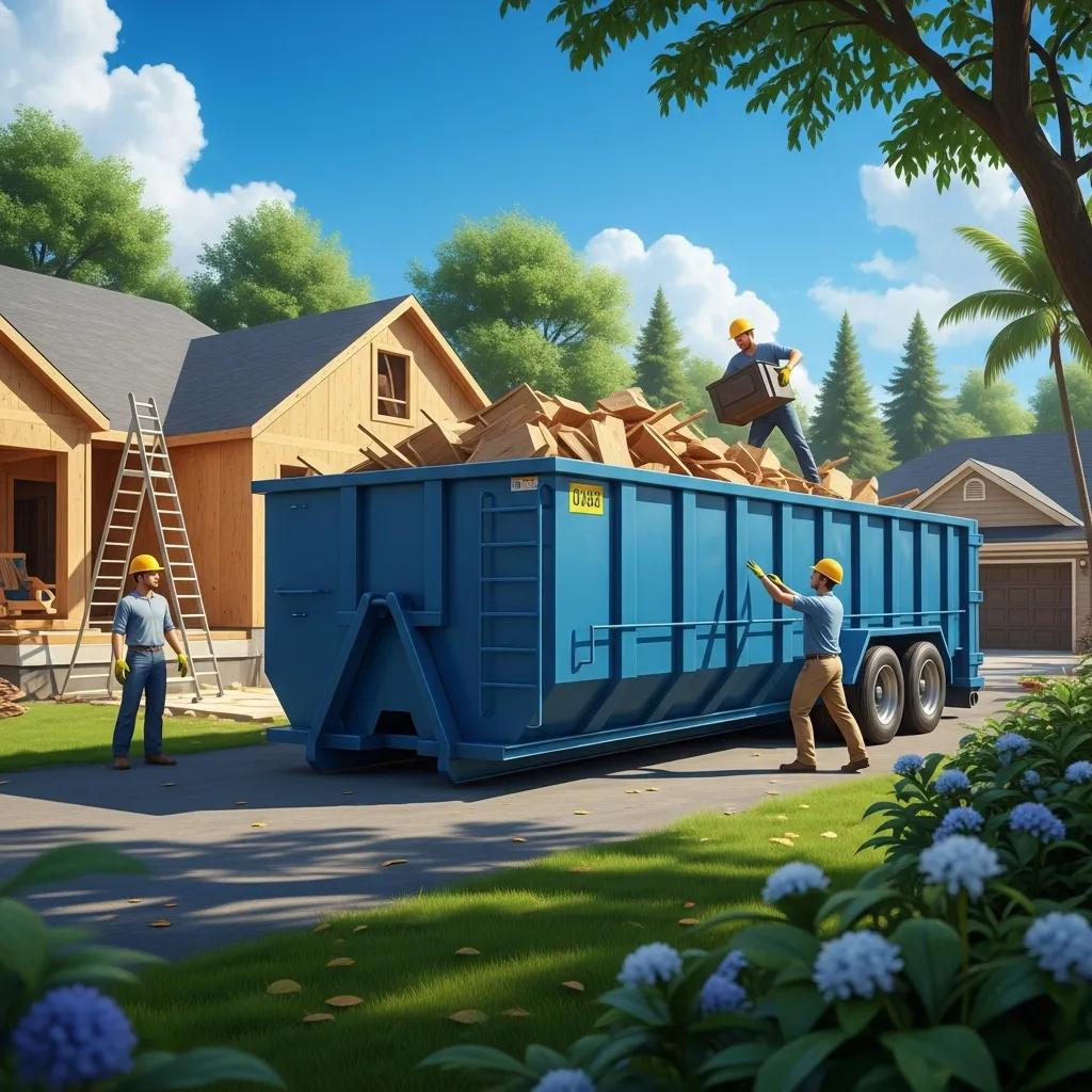 Roll-off dumpster in a residential area with construction workers loading waste, emphasizing eco-friendly waste management