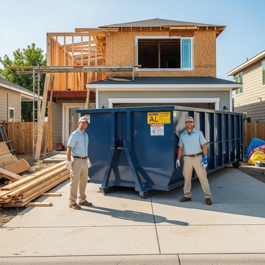 Roll-off dumpster in a residential driveway during a home renovation project