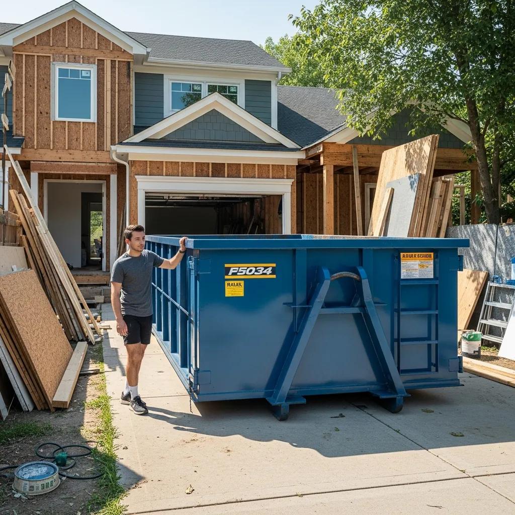 Roll-off dumpster in a residential driveway during a home renovation project