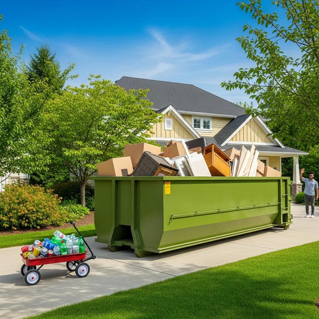 Roll-off dumpster in a residential driveway, emphasizing eco-friendly waste management