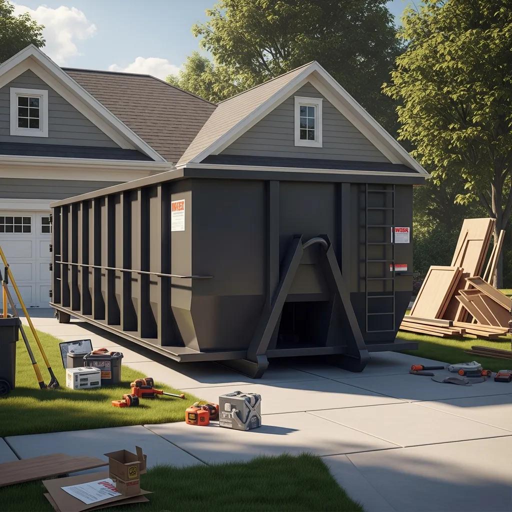 Roll-off dumpster in a residential driveway, highlighting its utility for home renovations