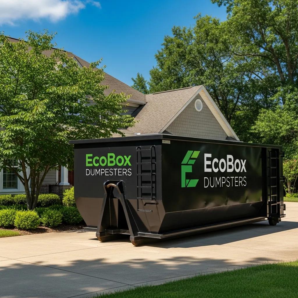 Roll-off dumpster in a residential driveway, representing EcoBox Dumpsters services in Glenview, IL