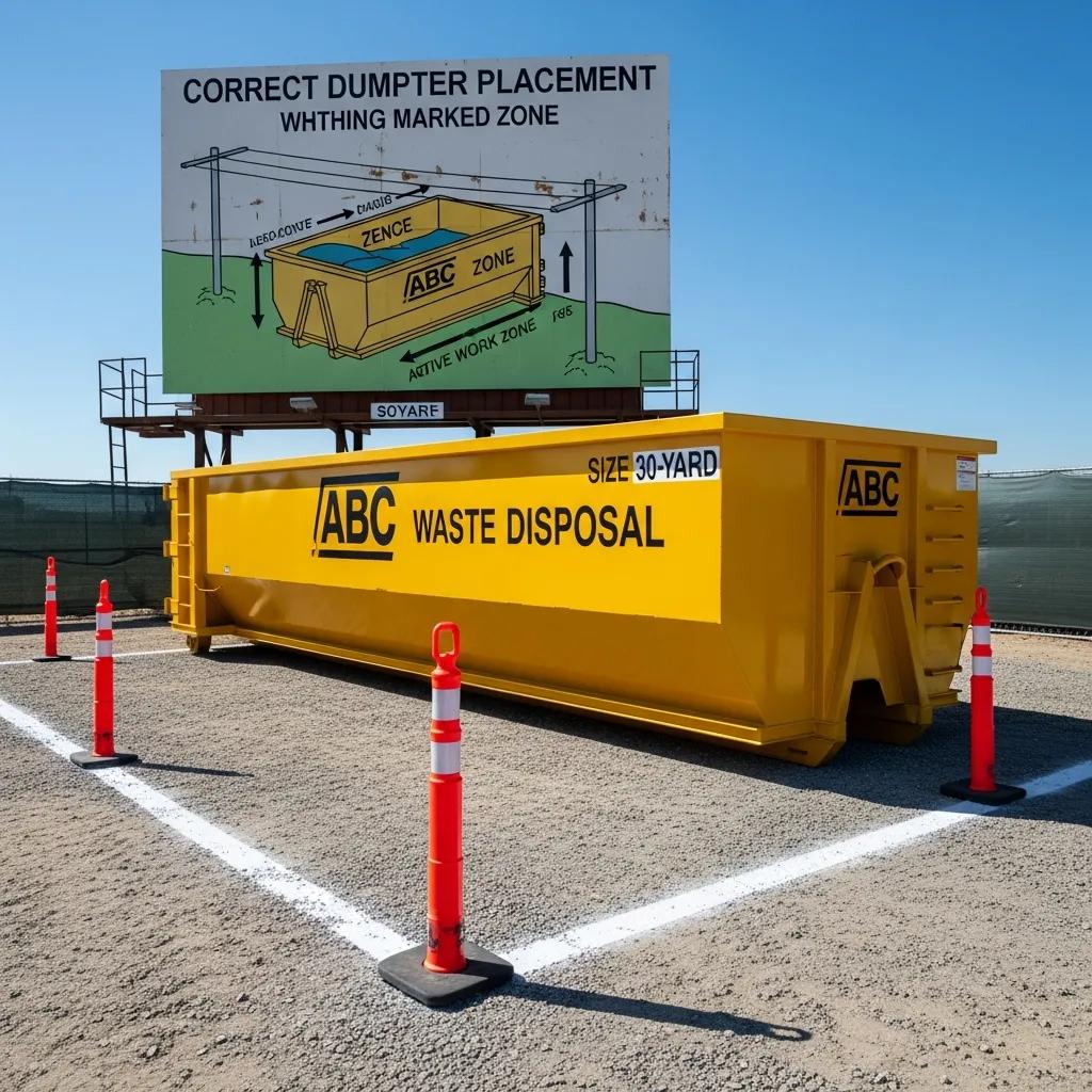 Roll-off dumpster positioned correctly on a construction site, highlighting waste disposal compliance