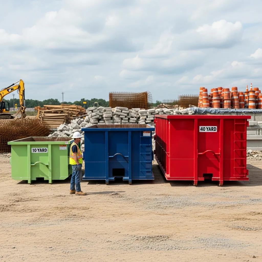 Three dumpster sizes displayed at a construction site, illustrating rental options