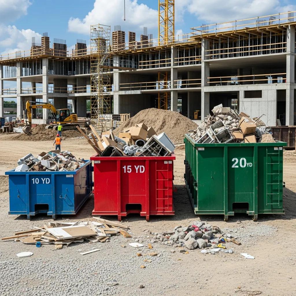 Three sizes of roll-off dumpsters (10-yard, 15-yard, 20-yard) at a construction site, illustrating their practical applications