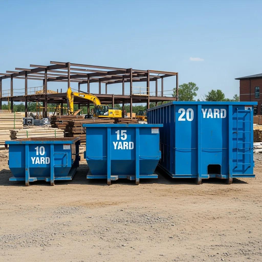 Three sizes of roll-off dumpsters (10 yard, 15 yard, 20 yard) displayed at a construction site, illustrating rental options